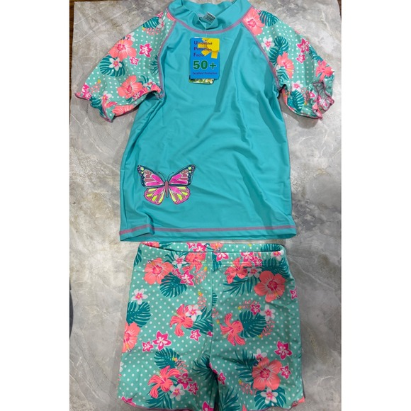 Girls Rash Guard Swimsuit Set UPF 50+ Floral Aqua Blue Kids Size 8 - Picture 1 of 11